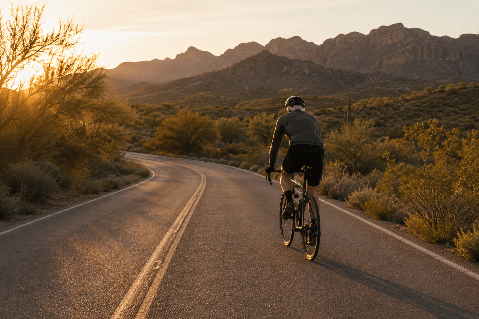 solo male cyclist in his late 60s riding a road bike on a quiet community-edge road at golden hour