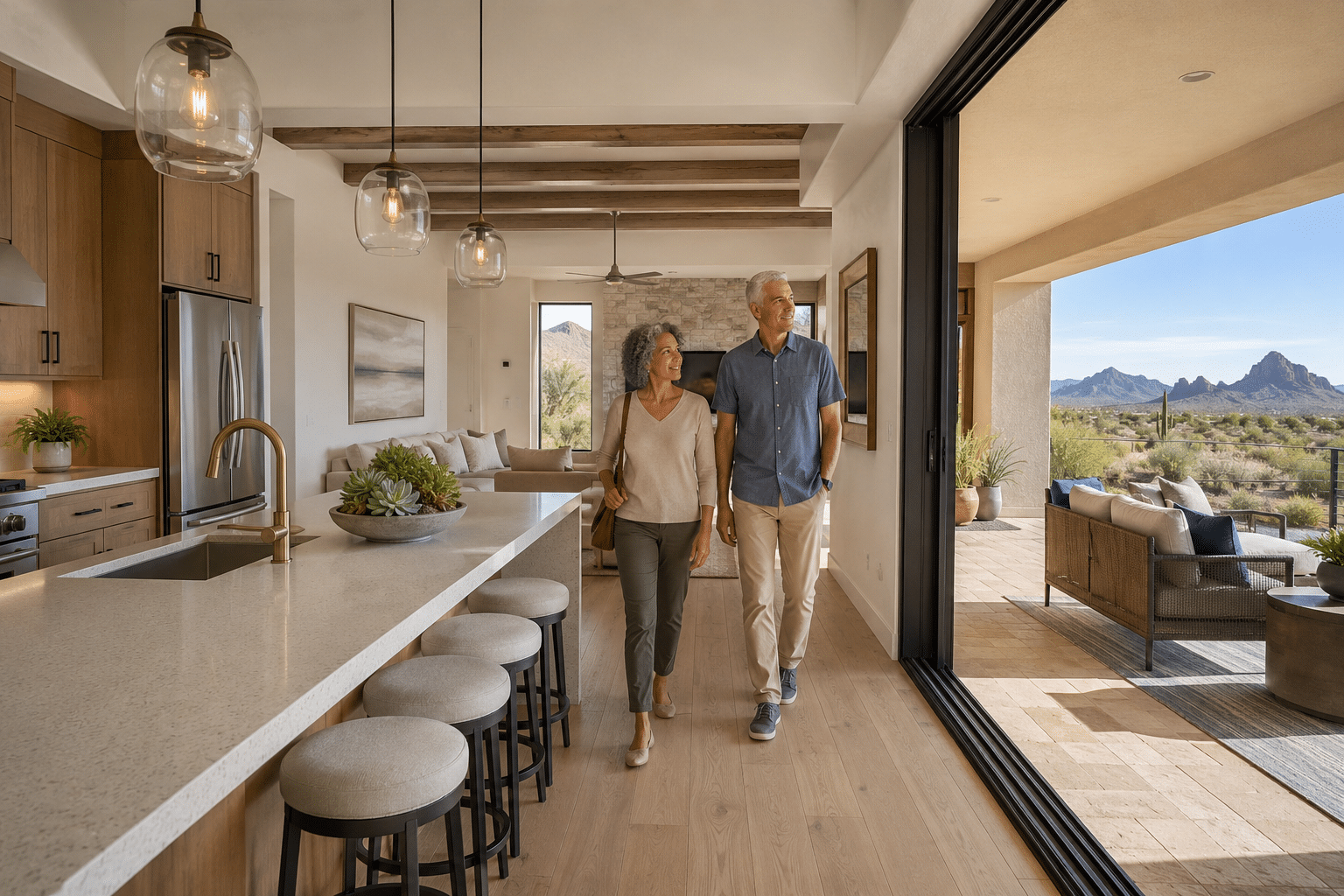 couple in their early 60s walking through the great room of a single-story Trilogy home during a self-guided tour