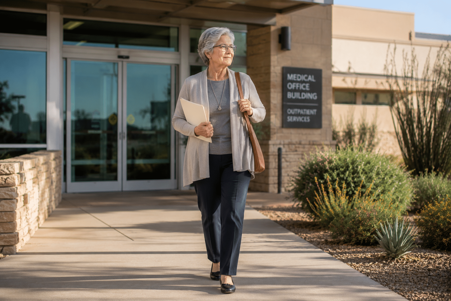 solo woman in her late sixties walking out of the front entry of a medical office building