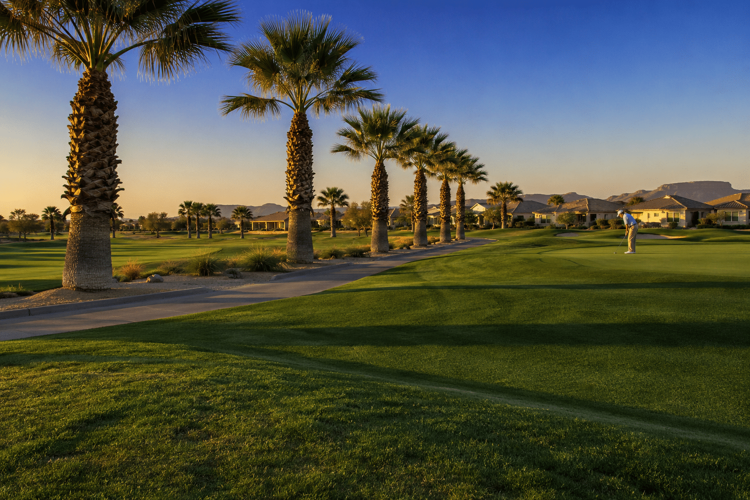 executive golf course fairway and green, with a solo male golfer in his late 60s lining up a putt on the green in mid-distance