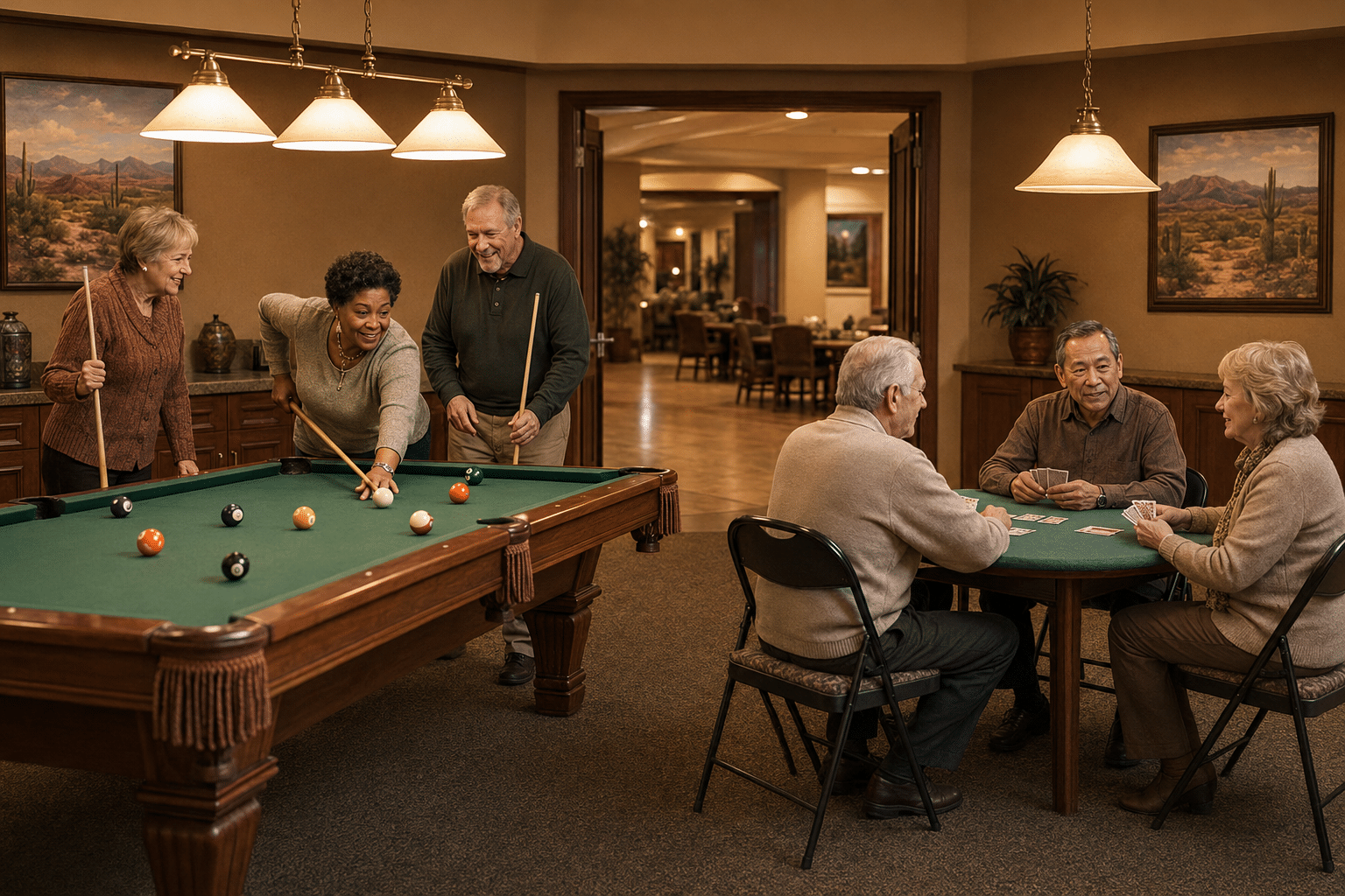 inside the recreation center's billiards and card room