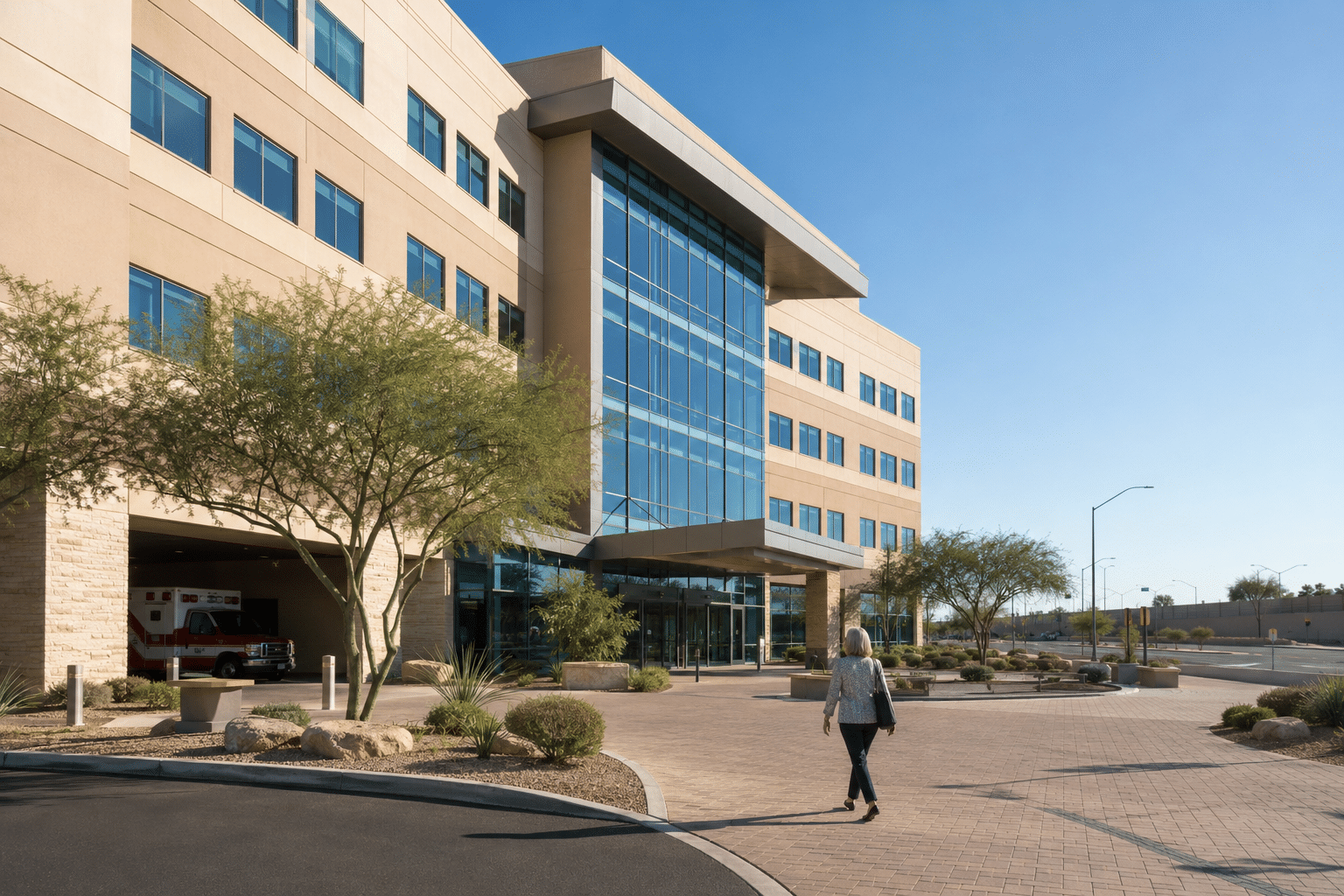 four-story hospital exterior at the corner of a major suburban arterial road and a freeway interchange