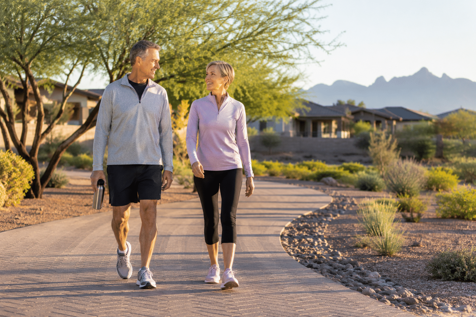 Mature couple walking biking trail at Encore at Eastmark with desert landscaping morning light