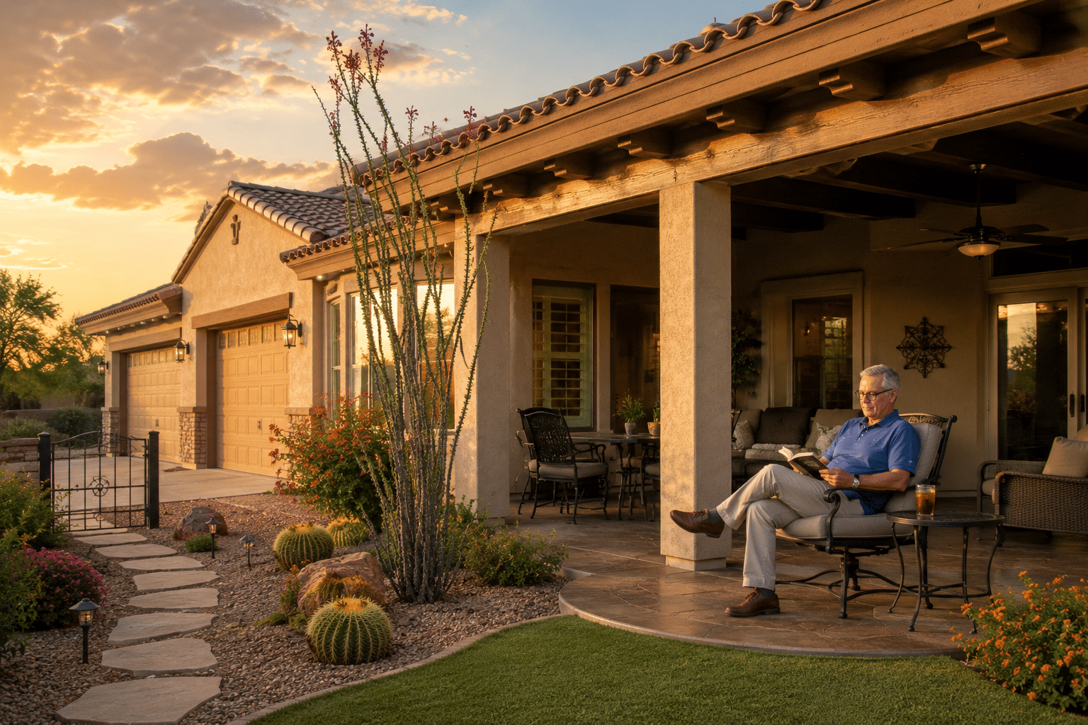 Single-story Encore at Eastmark home exterior desert landscaping covered patio Mesa AZ