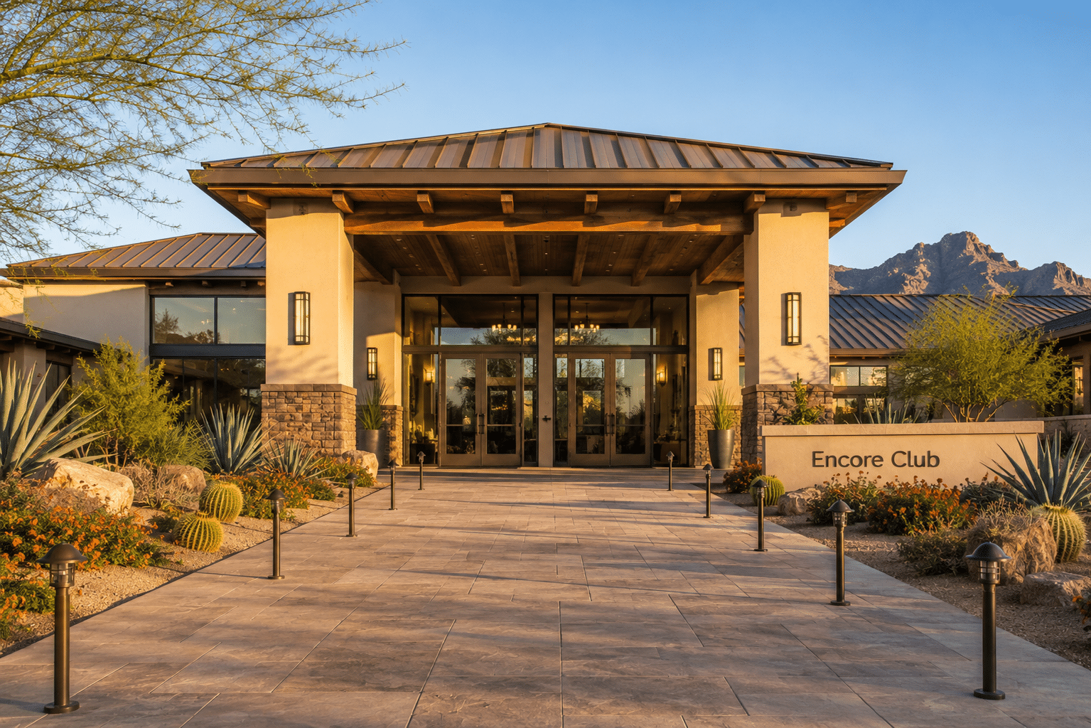 Encore Club entrance signage architectural exterior morning light Mesa AZ active adult