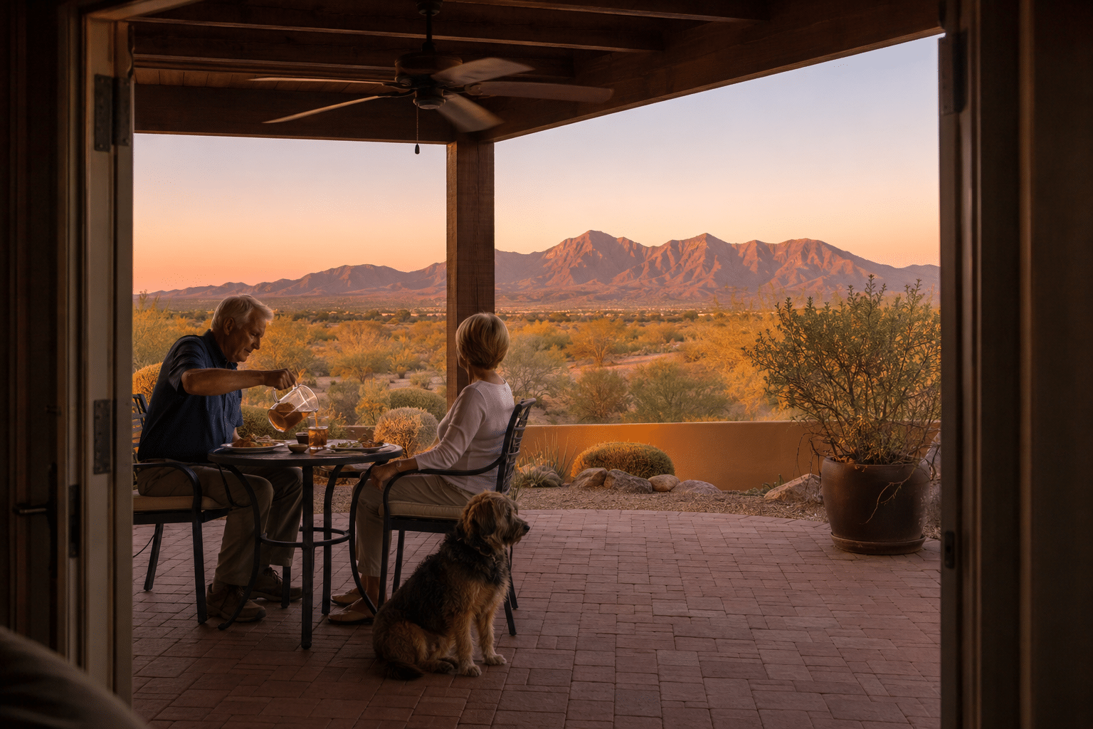 couple in their late sixties on a covered back patio of an Ovation-style single-story home