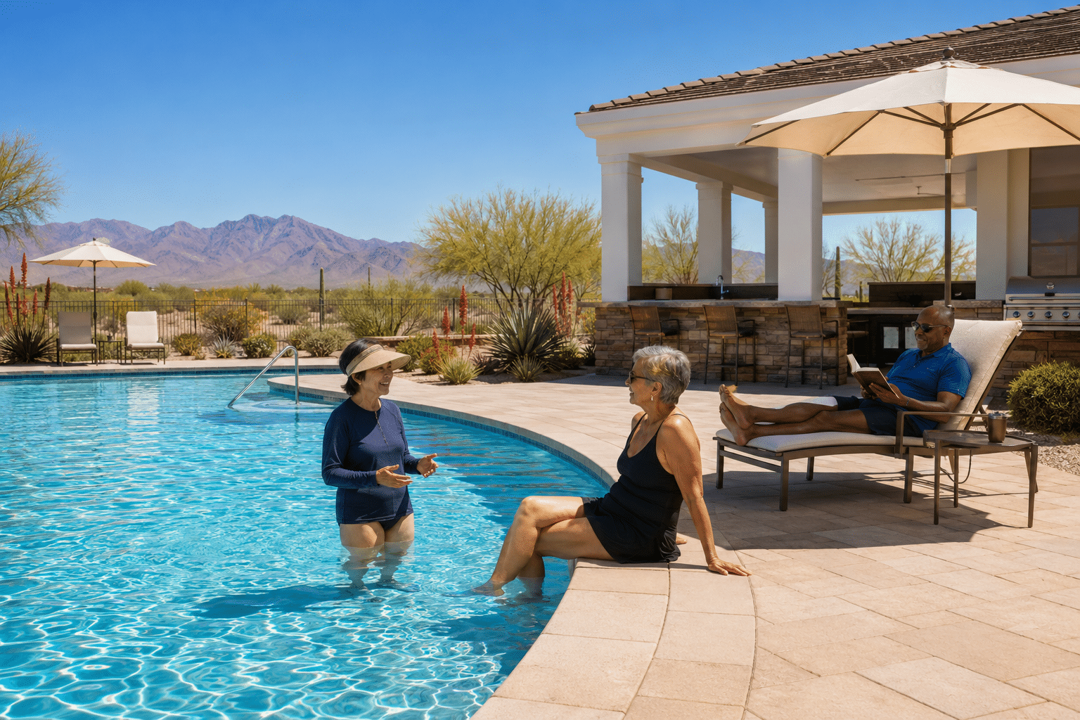 couple in their early seventies on the resort-style heated pool deck