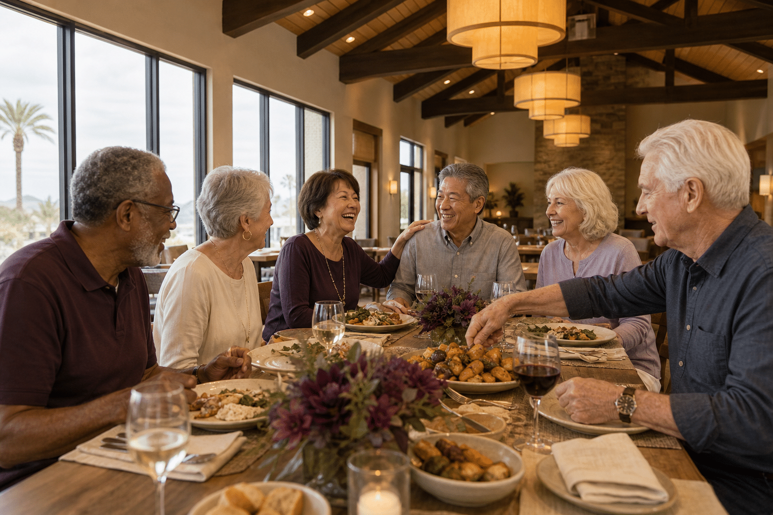 dining table inside the Ovation Club banquet hall during a small-group dinner gathering