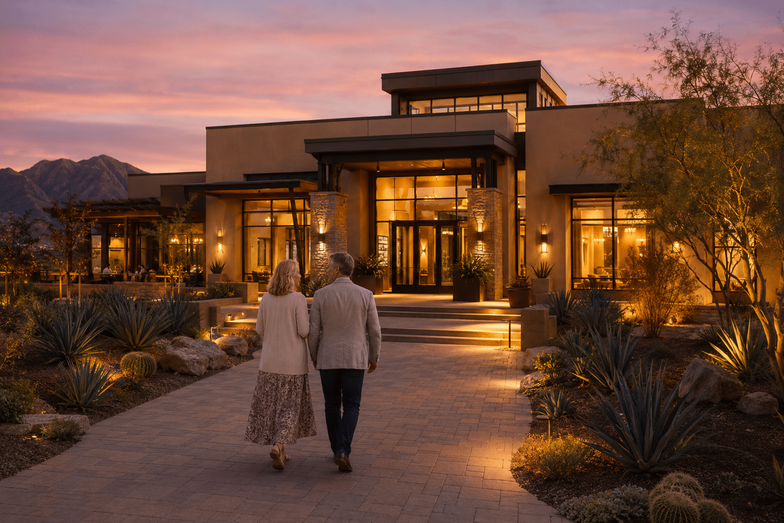 couple in their early sixties walking toward the front entrance of the Ovation Club for an evening community event