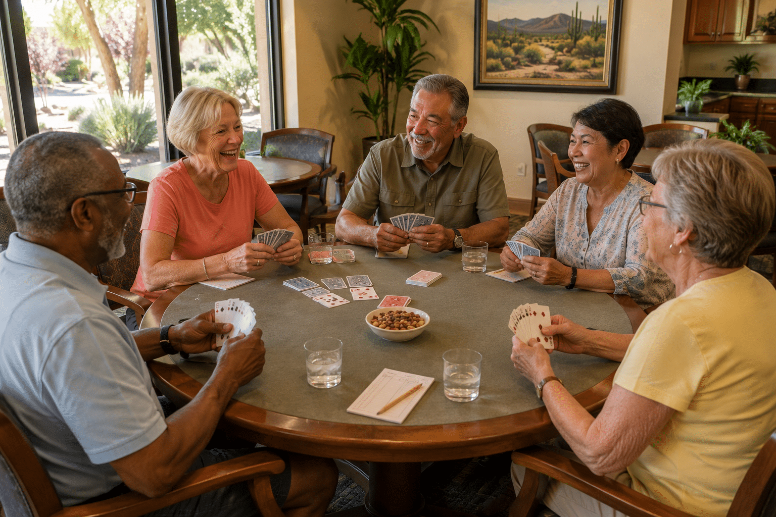 gathered around a round card table playing a friendly afternoon game