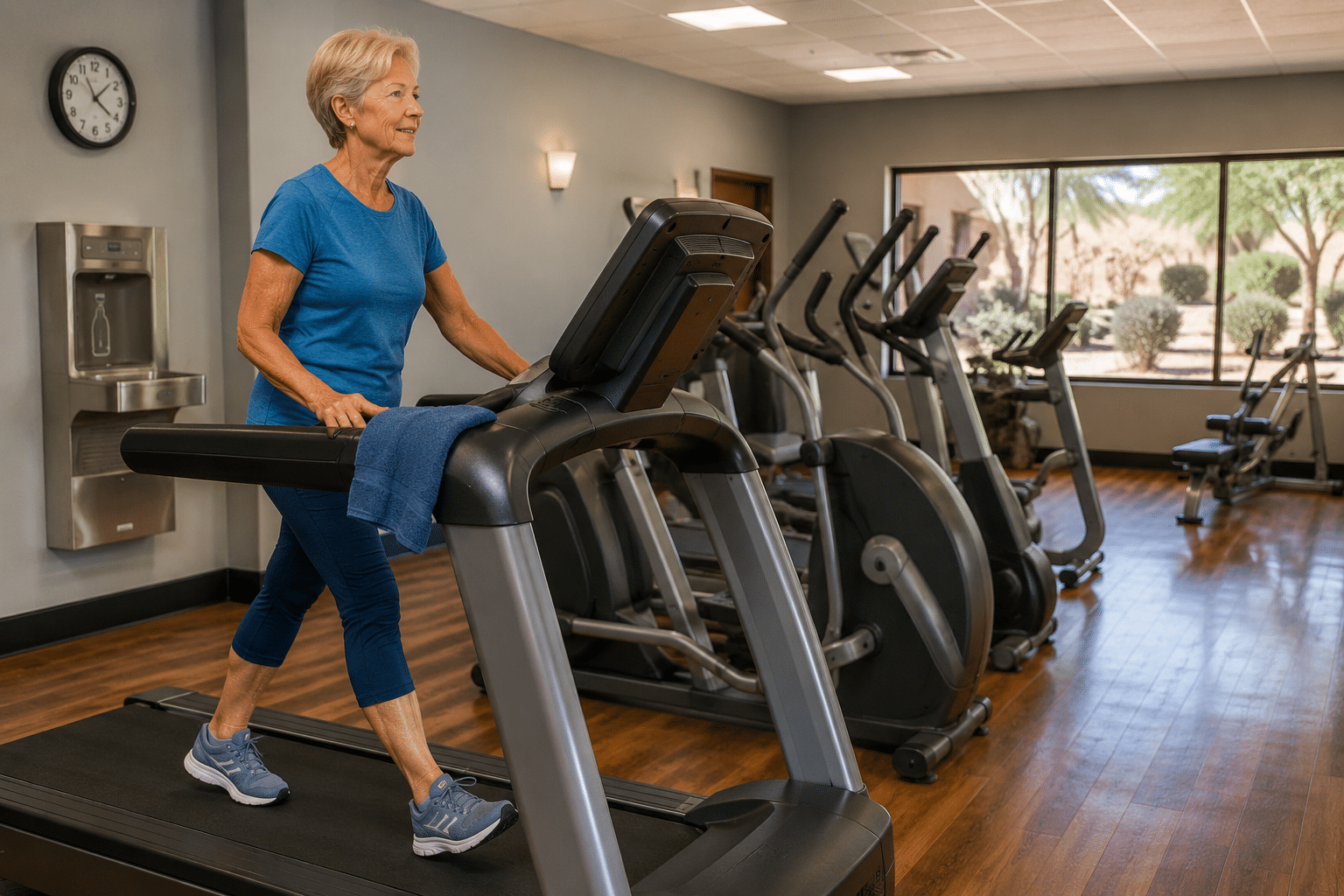 solo woman in her late sixties, walking at a moderate pace on a treadmill in a community fitness room