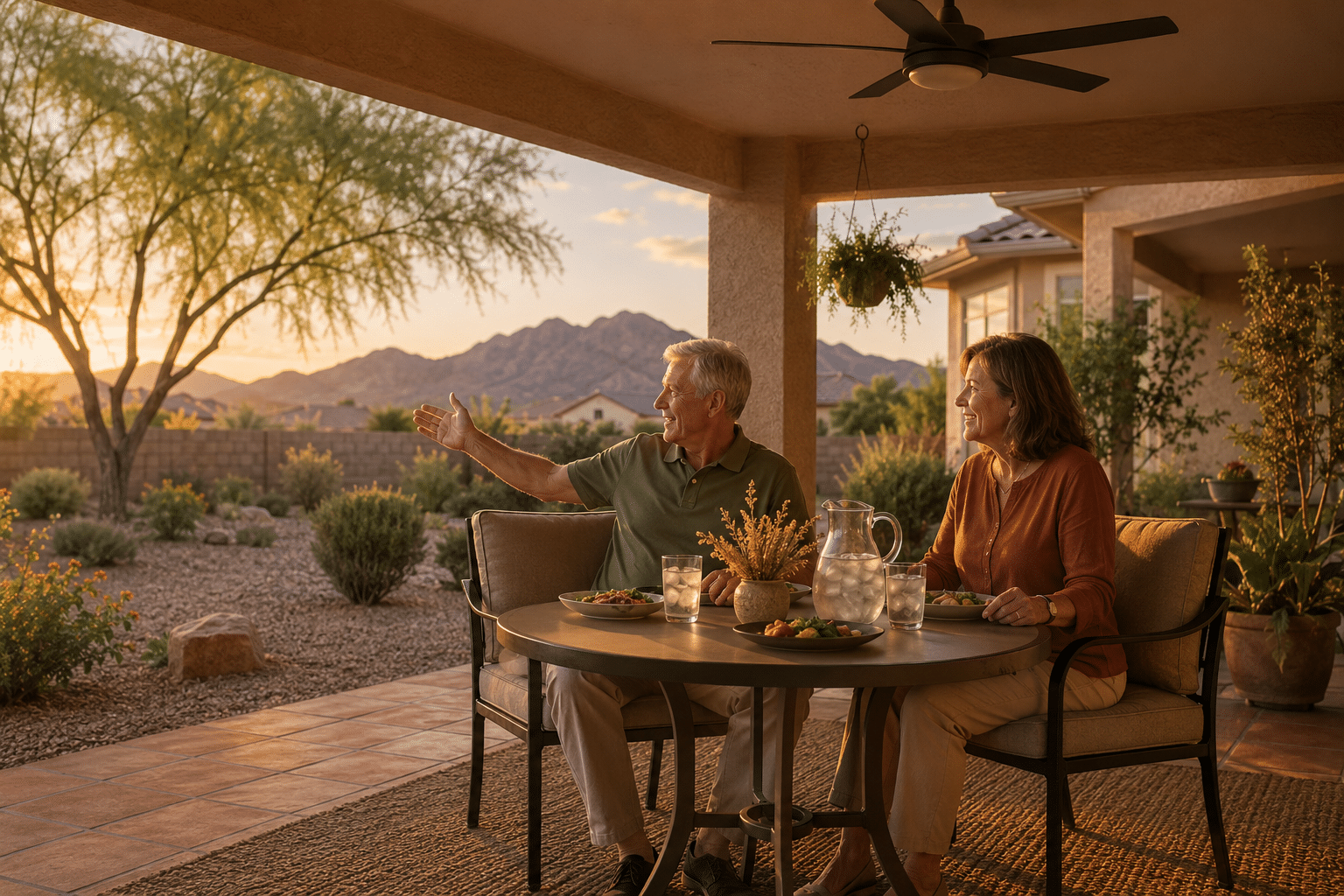 couple in their late sixties, different gender, sharing a casual dinner on the covered back patio of their home