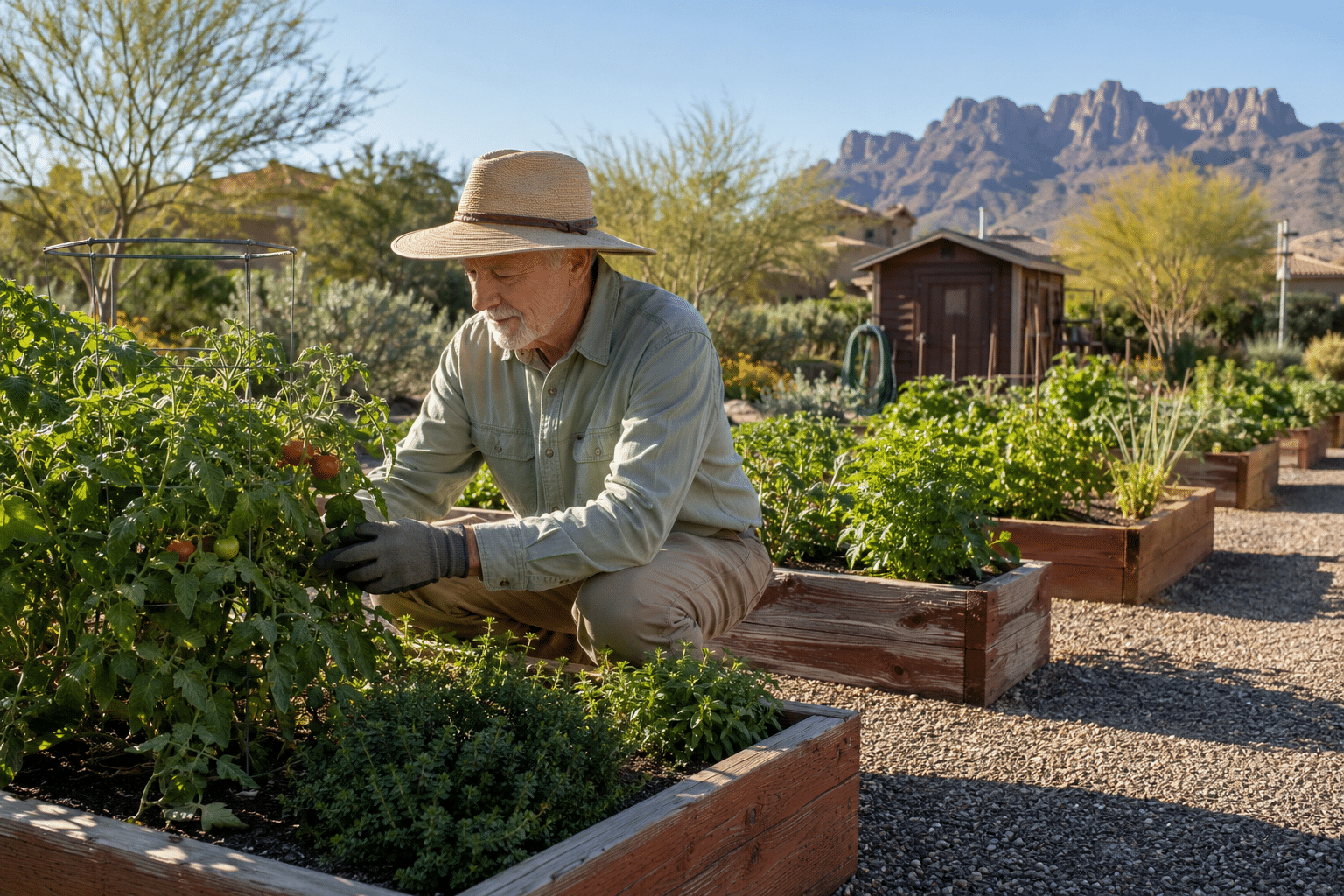 solo man in his early seventies tending a raised-bed plot in a shared community garden