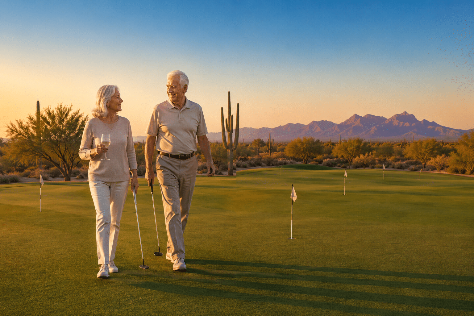 walking together on the natural-grass putting course in mid-stride