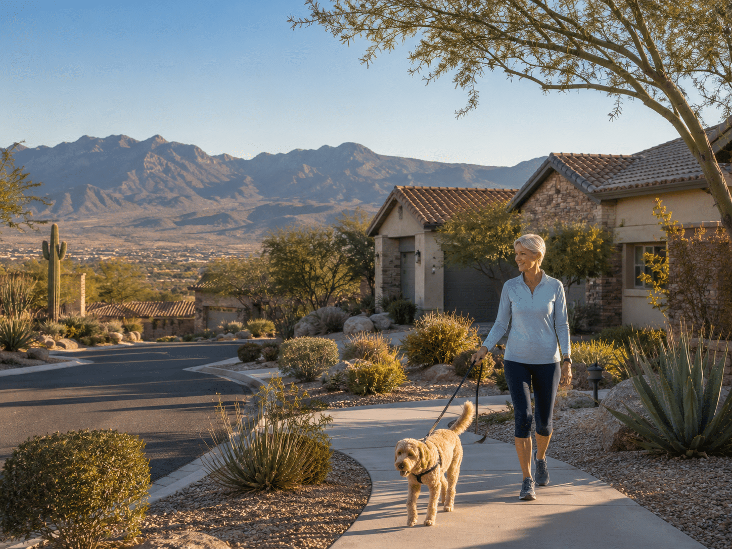 Solo retiree in early sixties, walking a medium-sized dog on a community sidewalk.