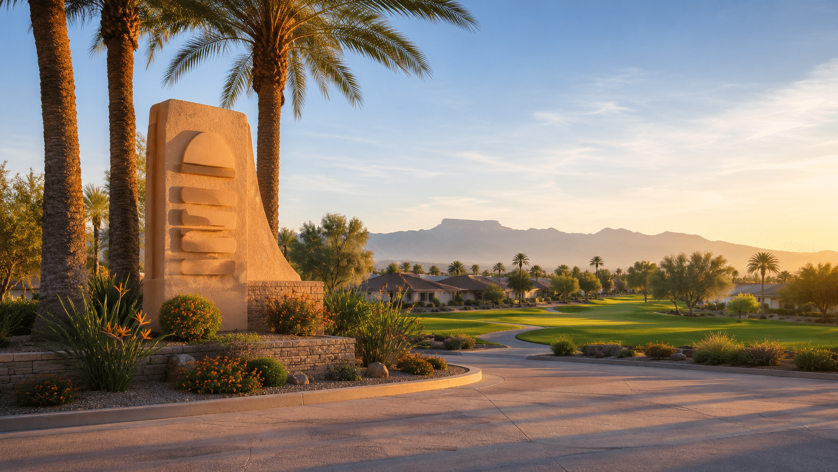 Sunland Village East entry monument off Farnsworth Drive at sunrise