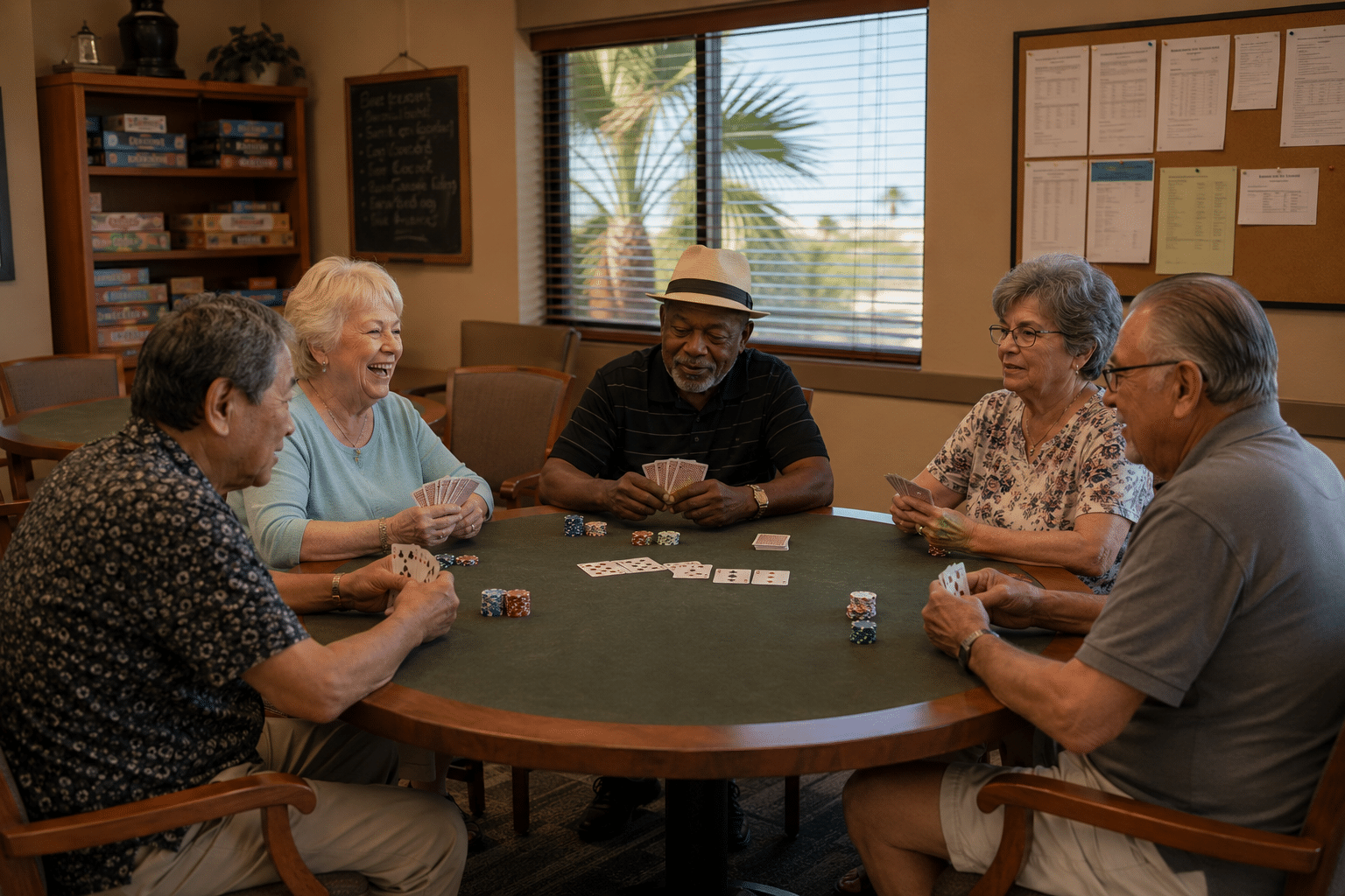 Five Sunland Village East residents in their late sixties and early seventies playing cards at a round table in the recreation center