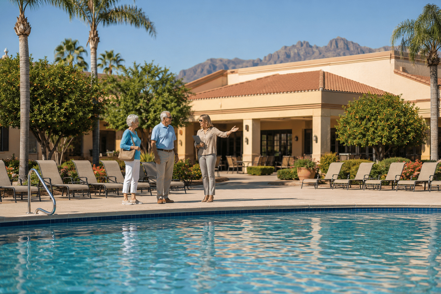 couple in their early seventies on a clubhouse-and- amenities tour with a real estate agent