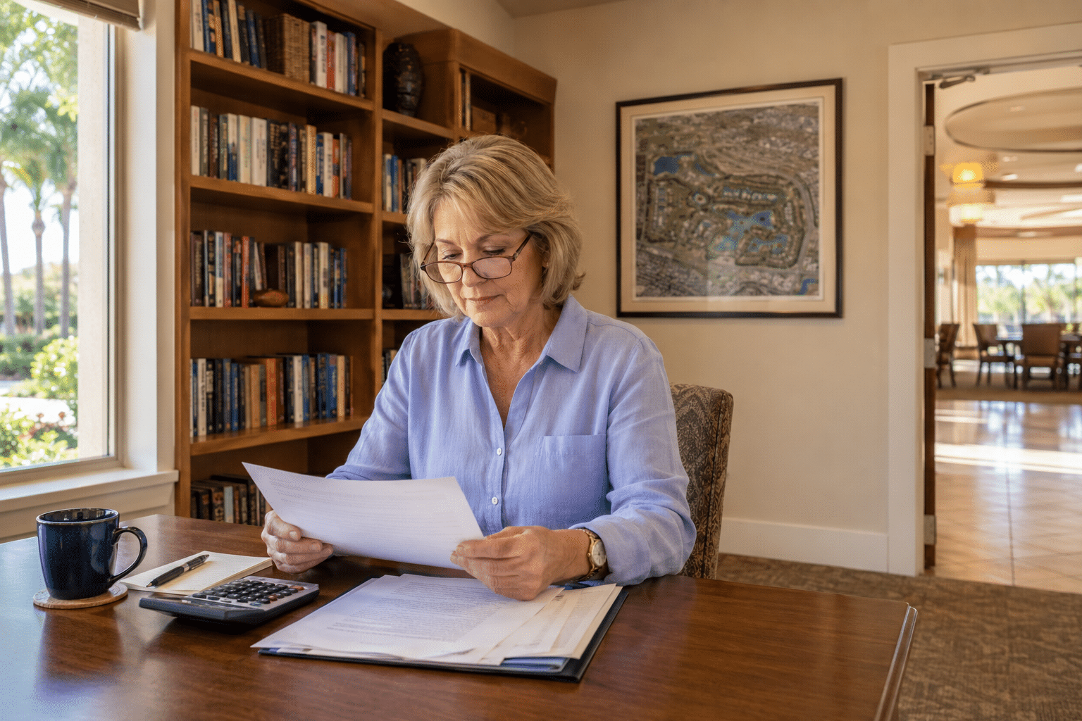 Solo resident in 60s reading paperwork at Ventana Lakes clubhouse desk financial planning Peoria AZ midday