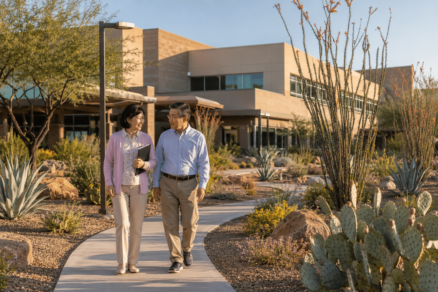 Couple in 60s walking through outdoor desert garden near medical center West Valley Phoenix Arizona morning
