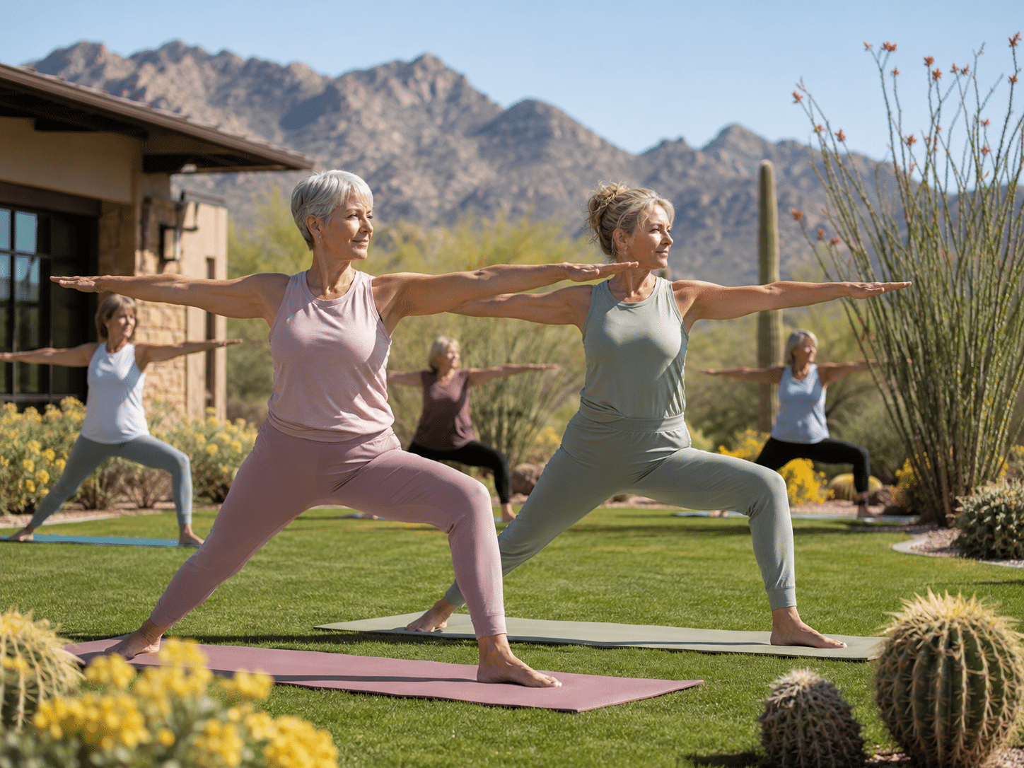 two women in their early 60s, attending an outdoor yoga class on the lawn outside the wellness center at Trilogy at Verde River