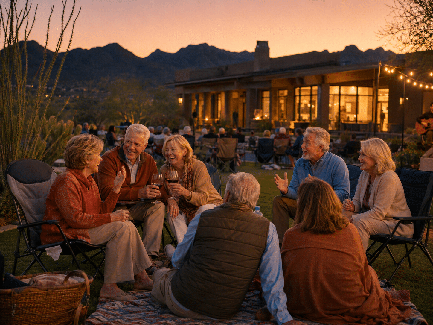 group of six to eight residents of Trilogy at Verde River seated together on folding chairs and a low blanket on the clubhouse lawn at an outdoor evening concert