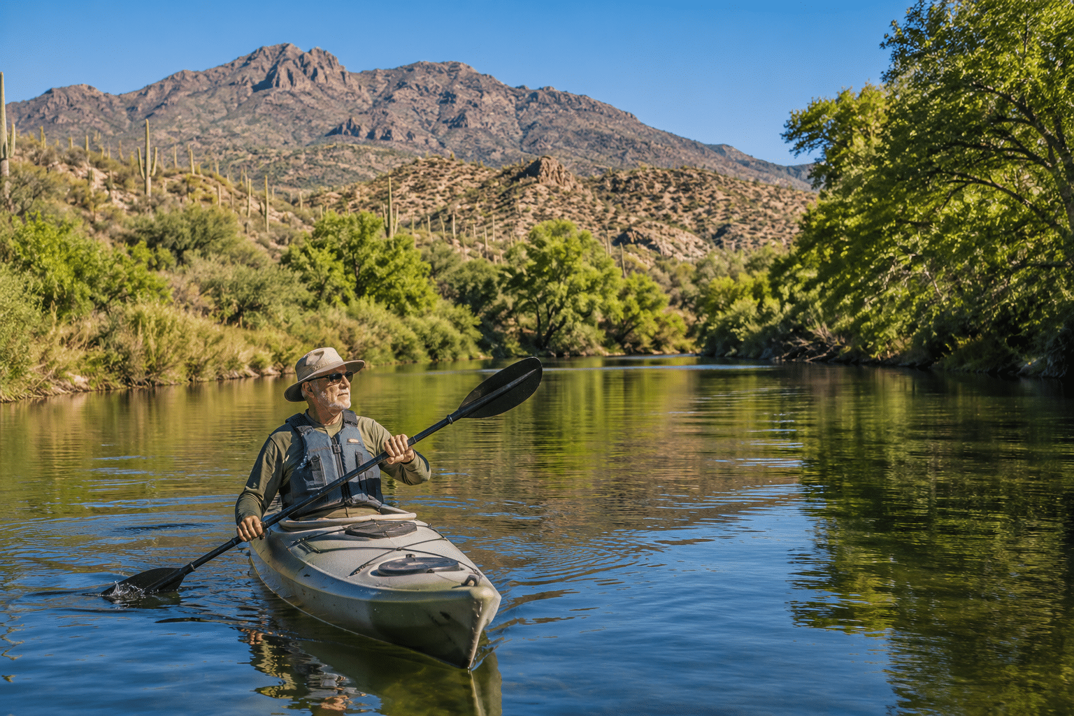 man in his early 70s solo-paddling a recreational kayak on a calm stretch of the Verde River