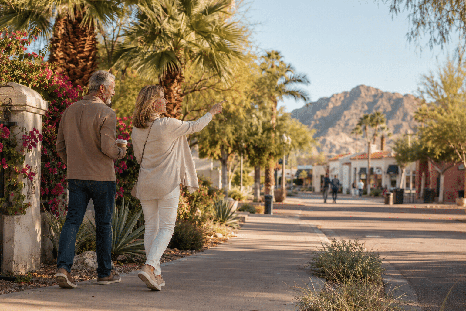 walking south along a tree-lined Scottsdale street toward Old Town