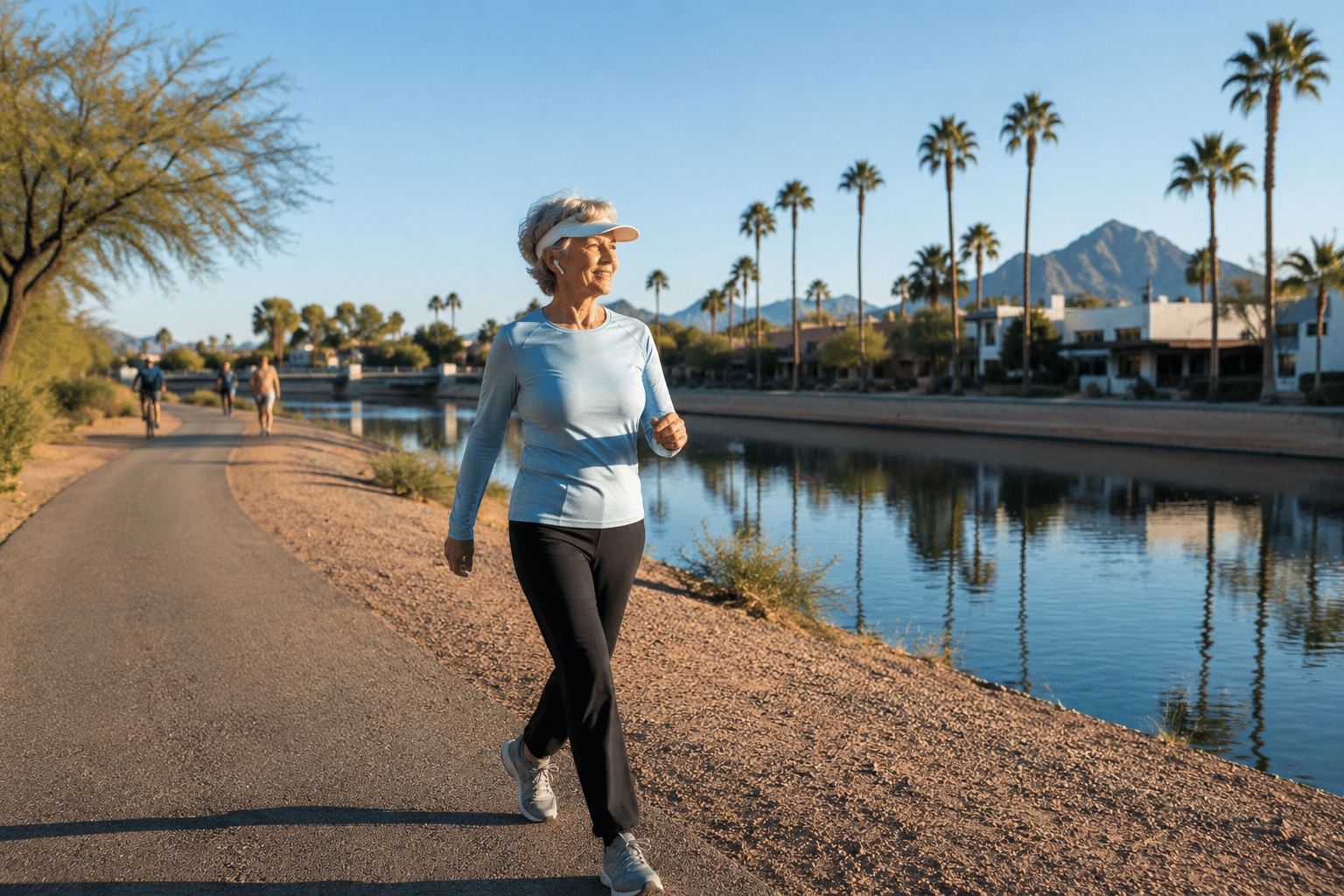 A solo woman in her early 70s walking briskly along the AZ Canal multi-use path