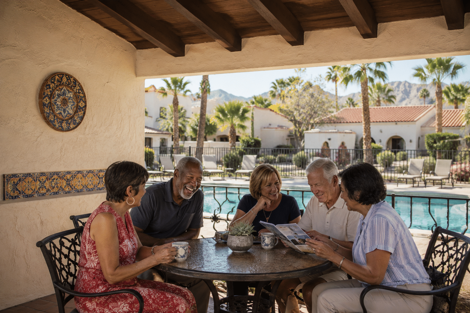 55-plus residents (mixed gender, mixed race, ages roughly 60 to 75) gathered around a small bistro table