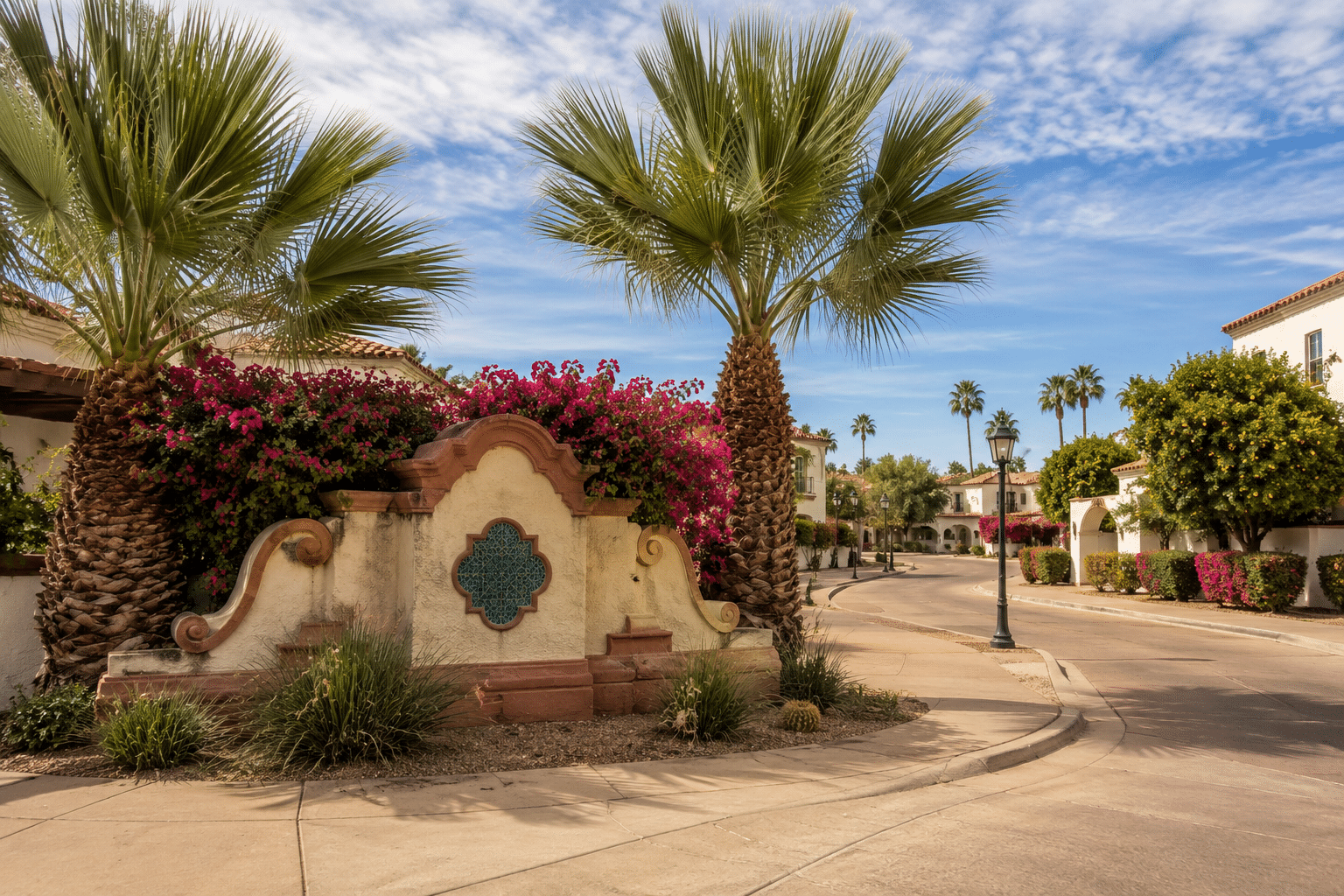 historic Villa Monterey entry monument at the corner of one of the seven units