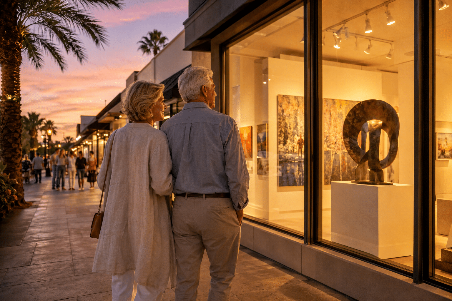 couple in their early 70s walking along Marshall Way during the Thursday-evening gallery walk