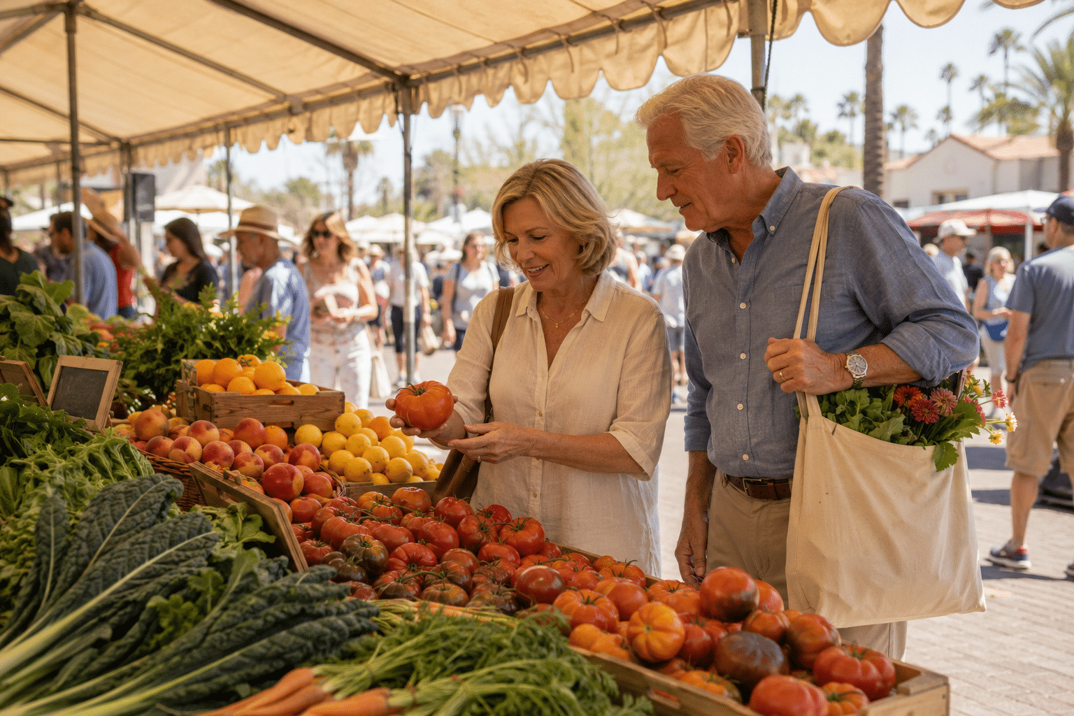 couple in their late 60s at the Old Town Scottsdale farmers market on a Saturday midday