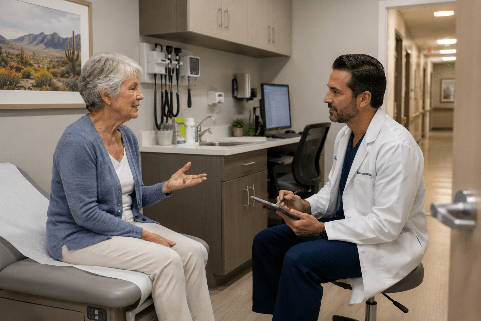 senior resident in her early seventies seated in a modern primary-care exam room at a Northwest Valley medical campus