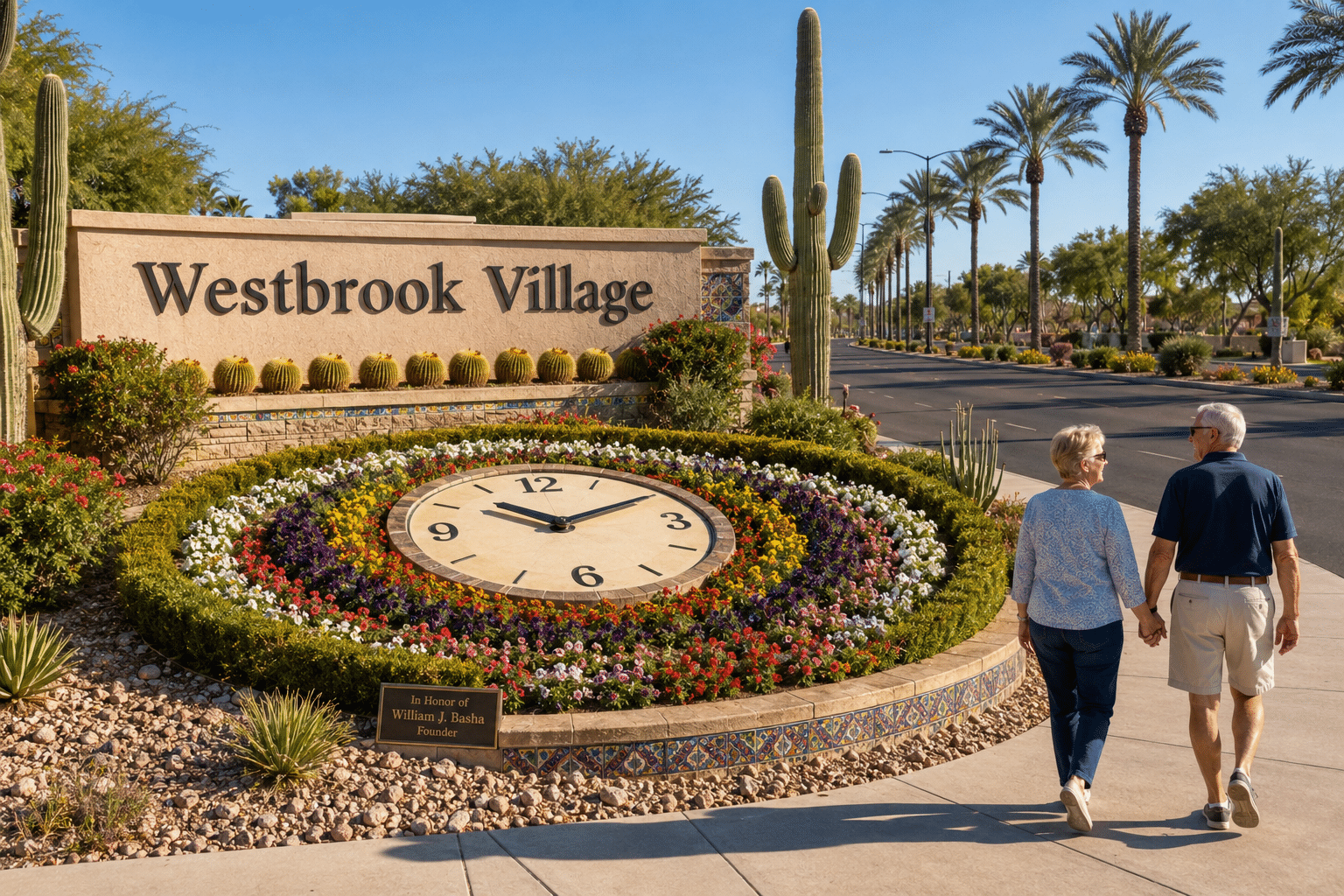 Westbrook Village entry monument and the community's floral clock landmark