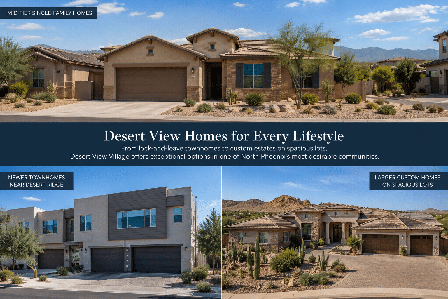 Phoenix Real Estate in Desert View showing single-family homes, townhomes, and larger custom properties - West Usa Realty