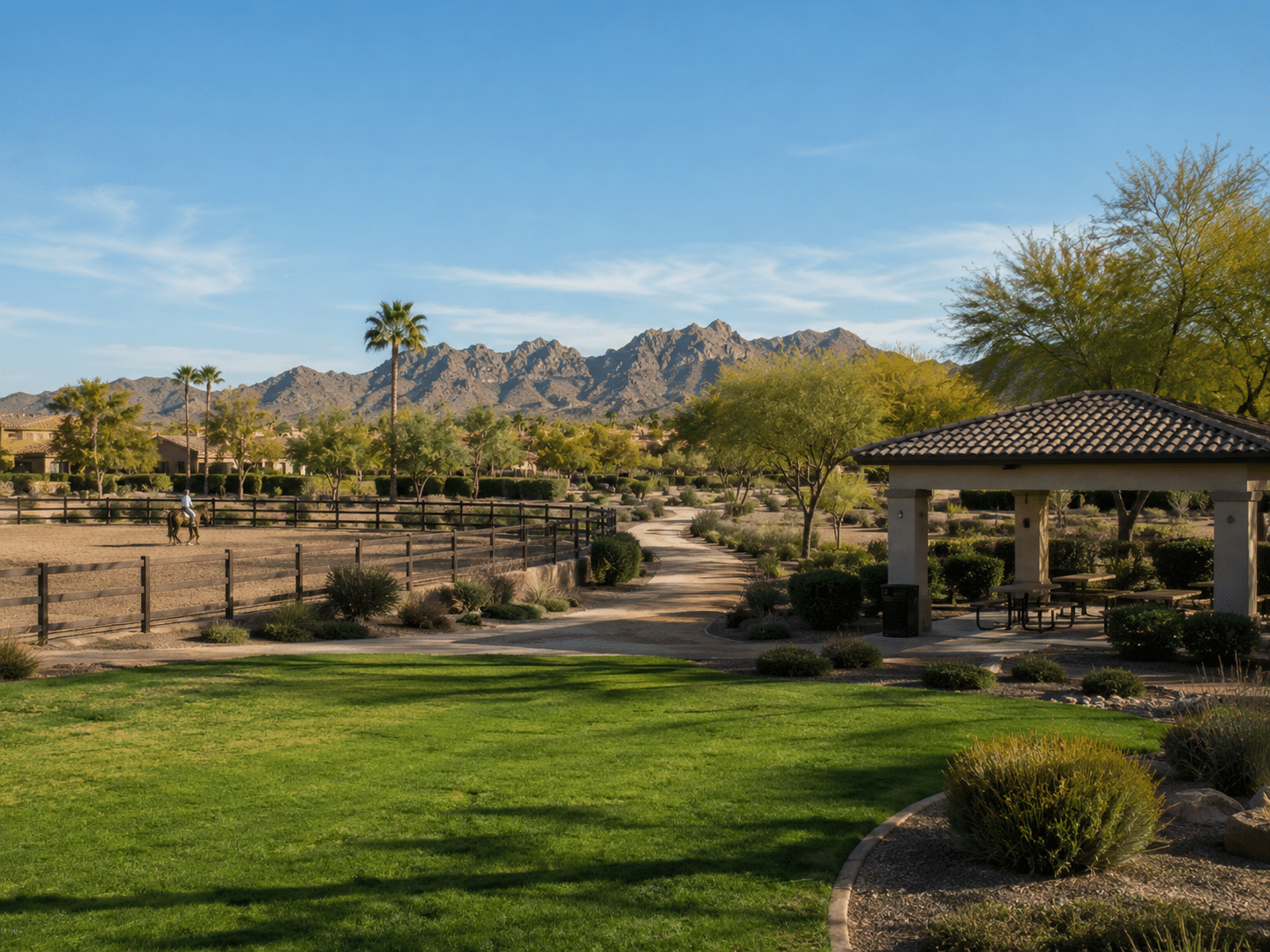 Stonegate Scottsdale palm-lined street at sunset with desert landscaping