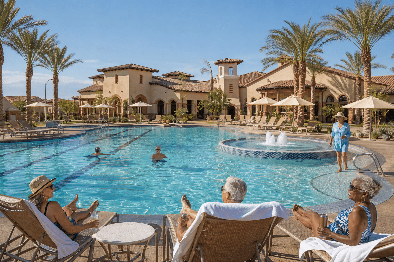 wide shot of the resort-style pool at the Sage Center in Sun City Festival, Buckeye, Arizona