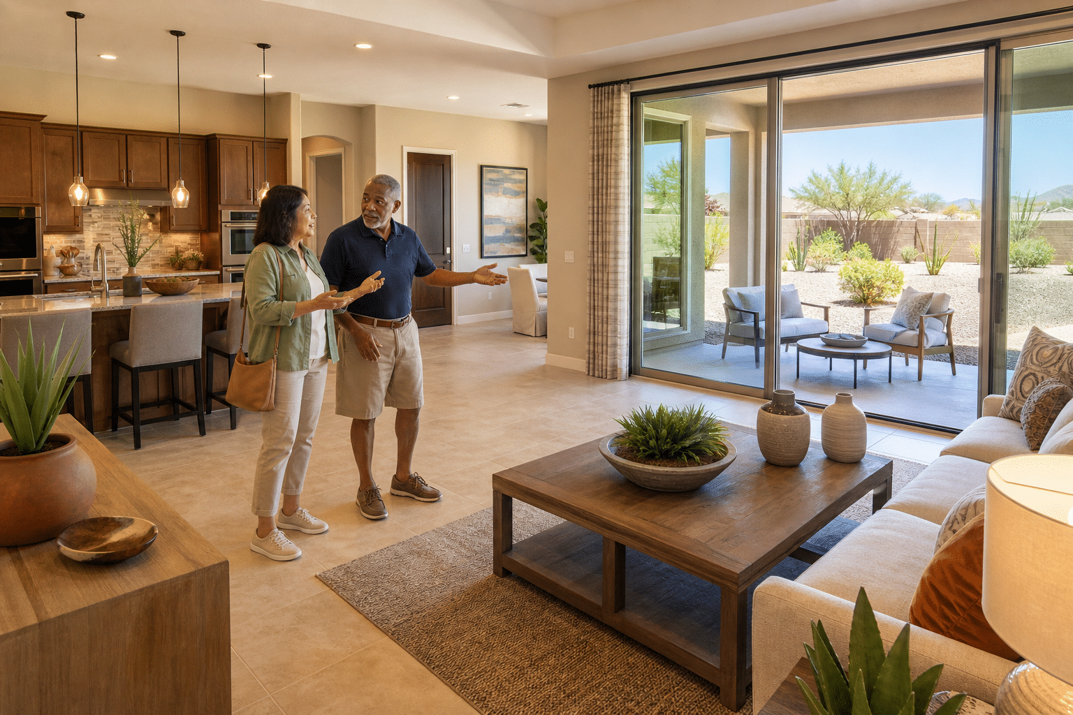 touring the great-room of a Pulte model home at Sun City Festival in Buckeye, Arizona