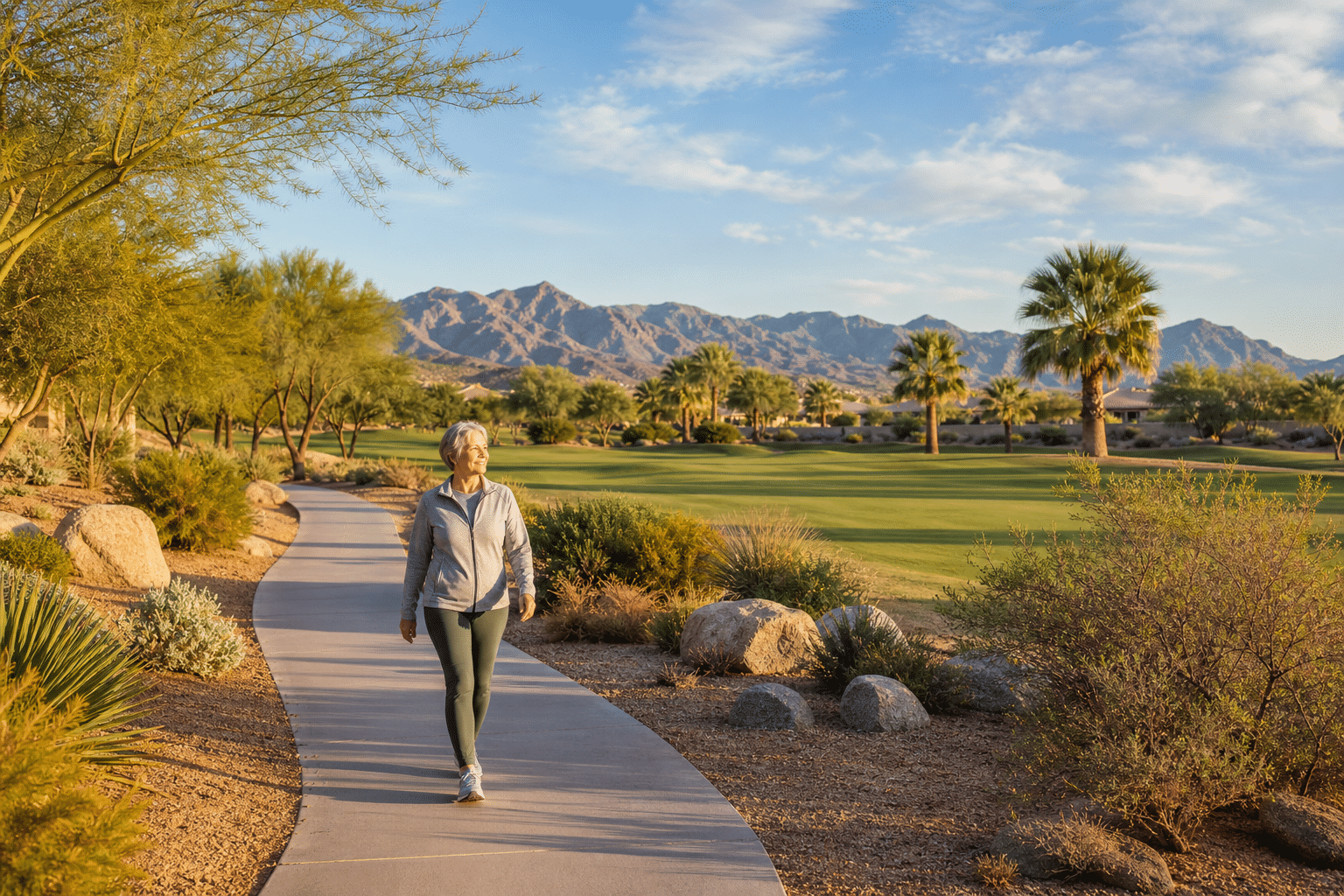 solo woman in her late 60s walking briskly on a Sun City Festival community sidewalk in Buckeye