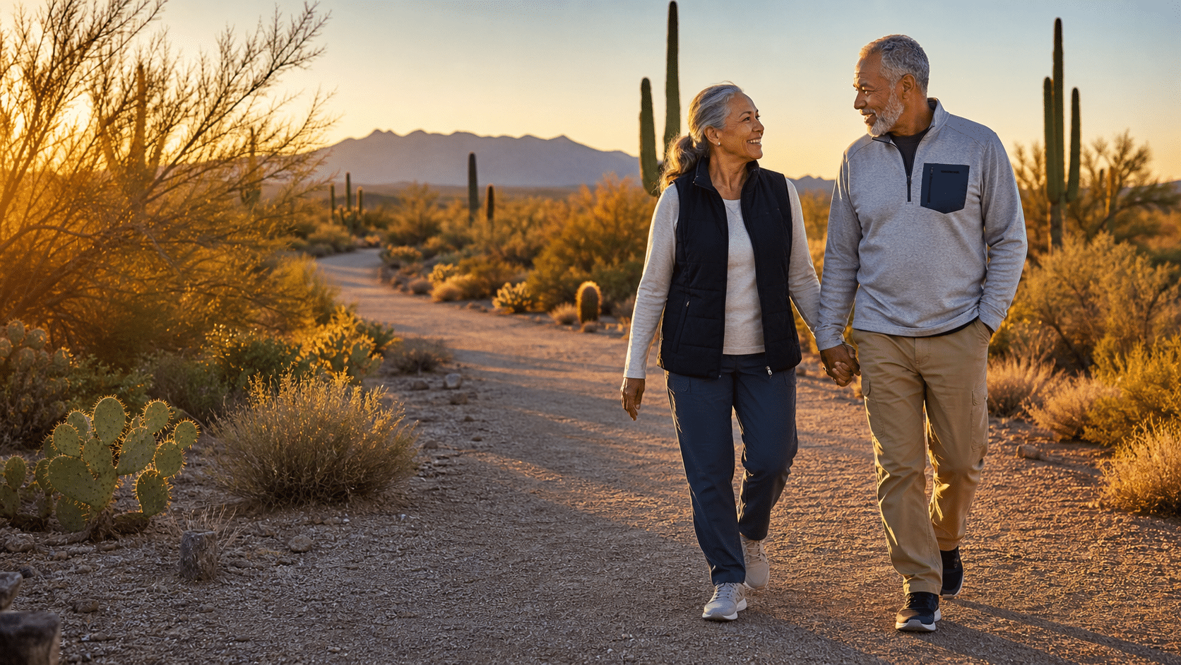 ouple in their late 60s walking together on a wide decomposed-granite trail through a 55-plus community in the central Pinal County