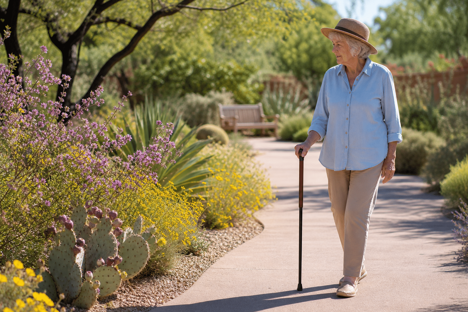 woman in her early 70s walking calmly along a paved community garden path with a wood-grip single-point cane