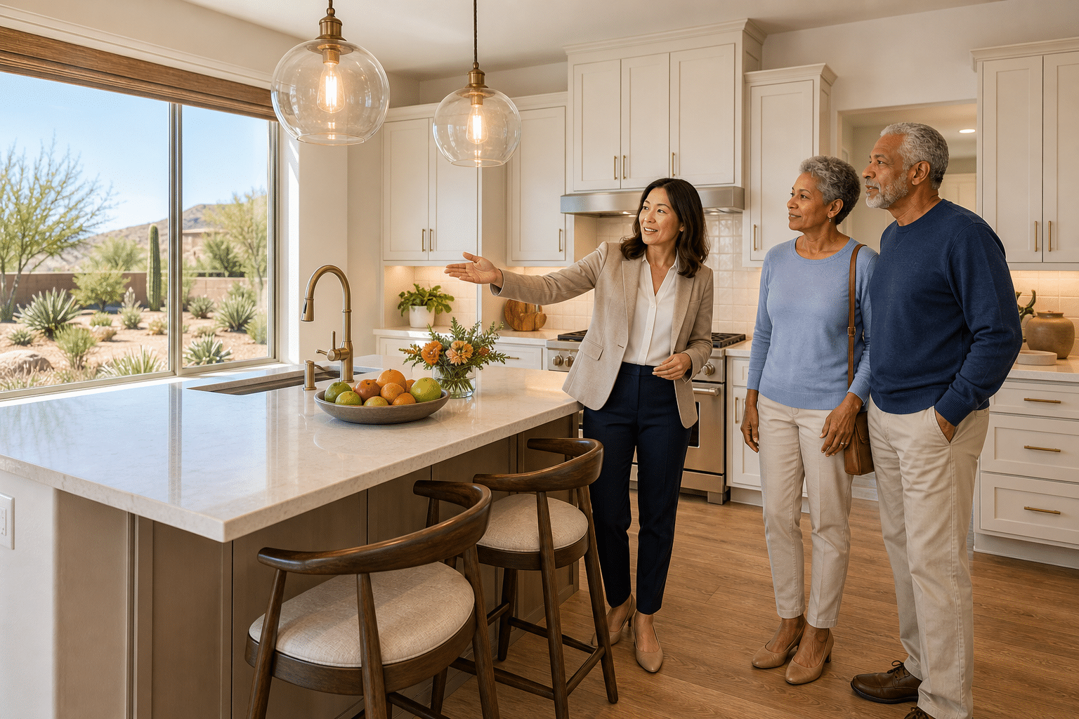 couple in their late 60s touring a single-story model home kitchen with a sales consultant at a 55-plus master-planned community