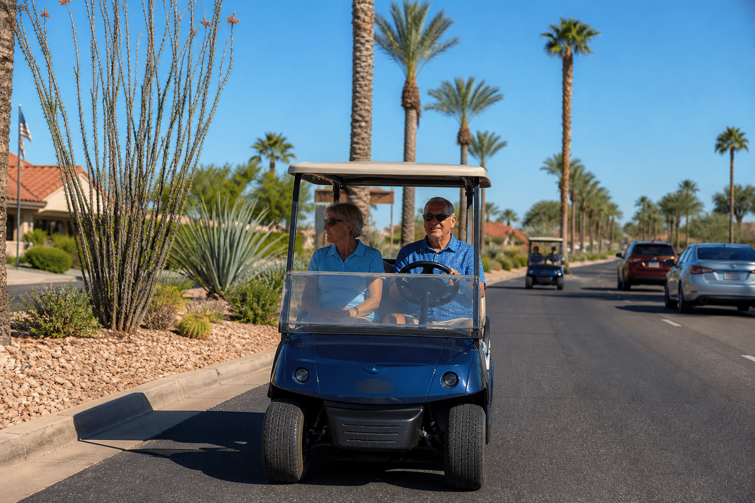 A couple in their late sixties driving a golf cart down R.H. Johnson Boulevard at midday with palm trees lining the median and low Sonoran landscaping on both shoulders.