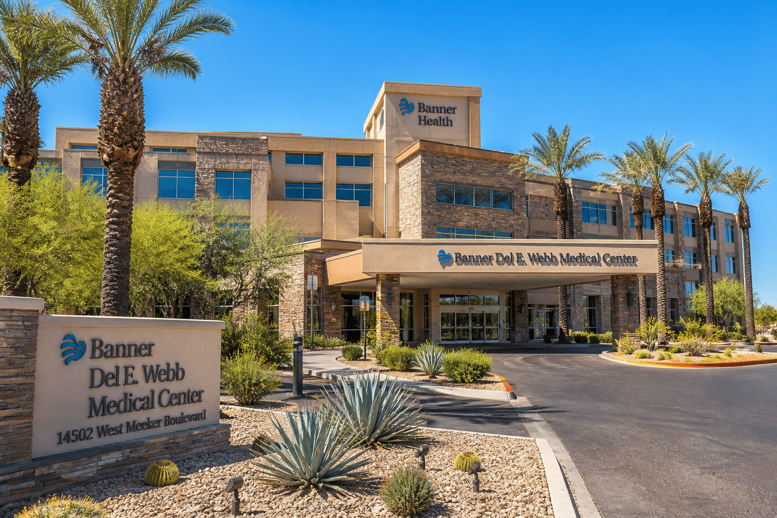 Exterior of Banner Del E. Webb Medical Center hospital campus with desert landscaping in the foreground and a clear blue sky behind, mid-afternoon light.