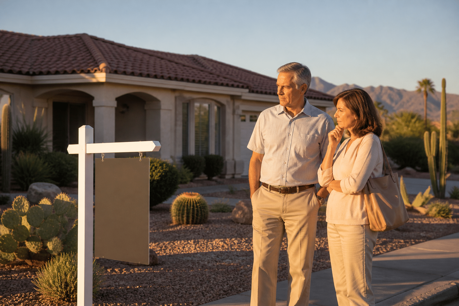 A couple in their early sixties standing near a Sun City West real estate sign in front of a single-story home in late afternoon golden-hour light with the mountain horizon in the distance.