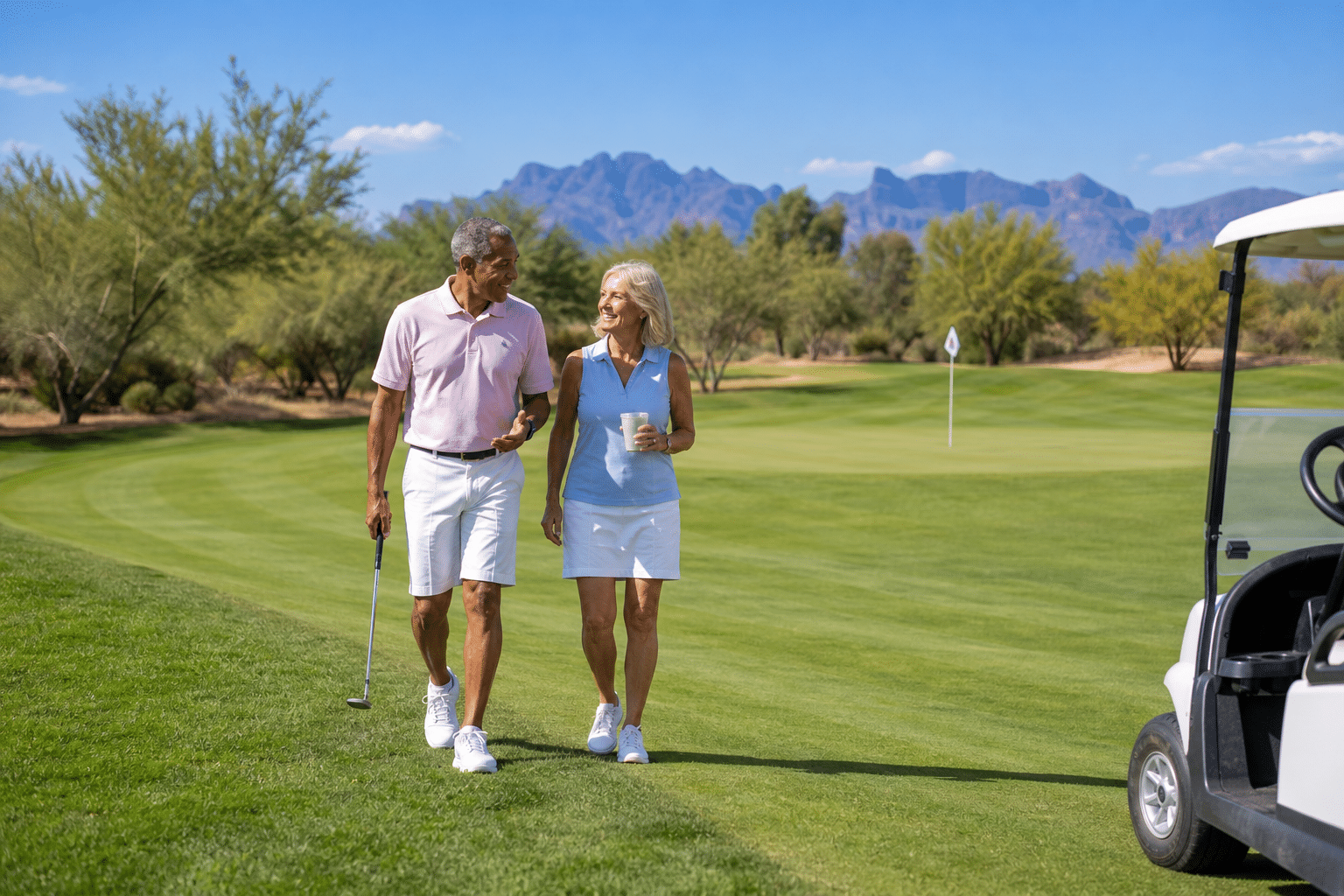 relaxed couple in their mid-60s walking together along the edge of a fairway at the Power Ranch Golf Course in Gilbert, Arizona