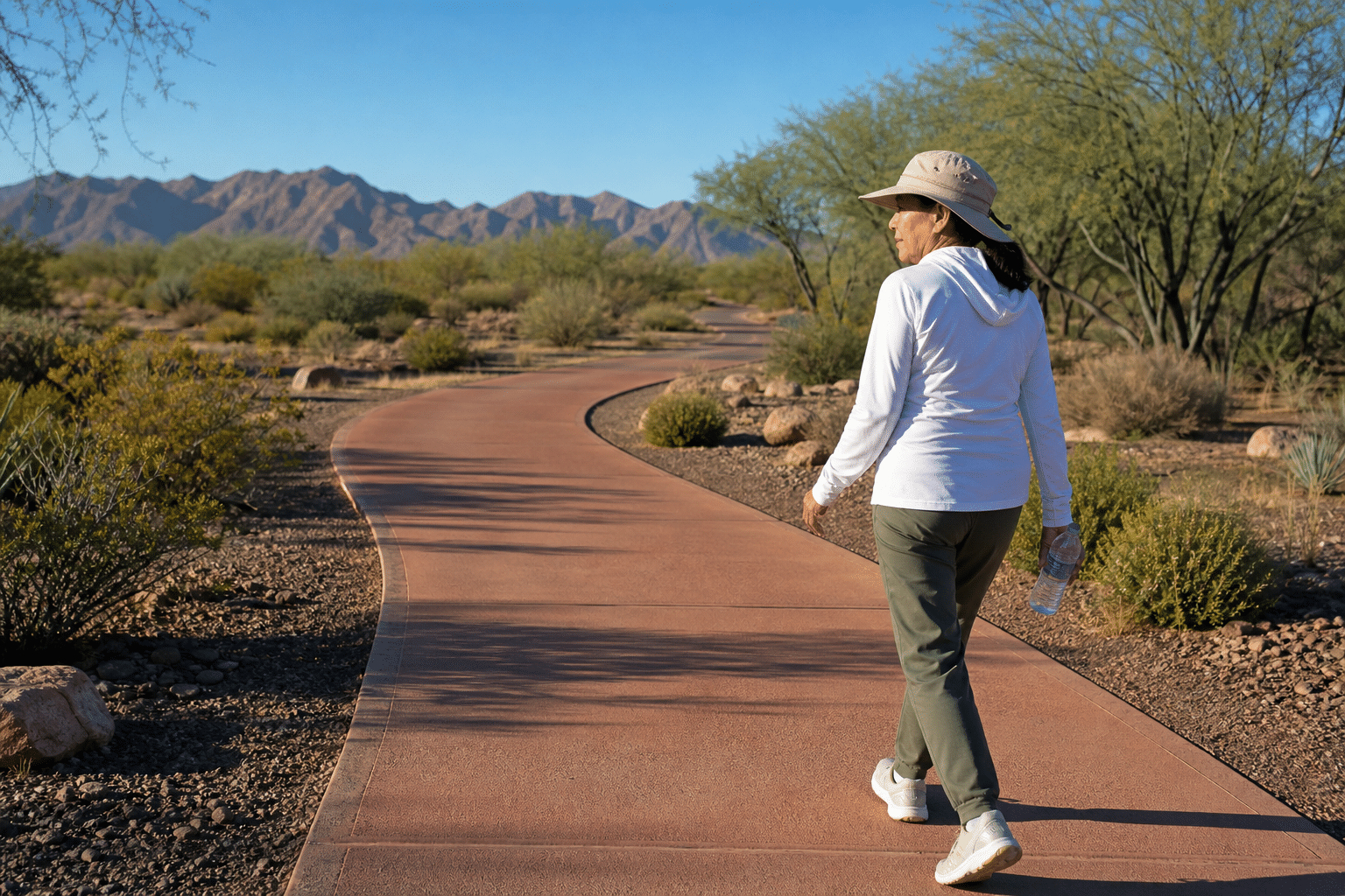 walking briskly on a paved trail loop near Trilogy at Power Ranch in Gilbert, Arizona