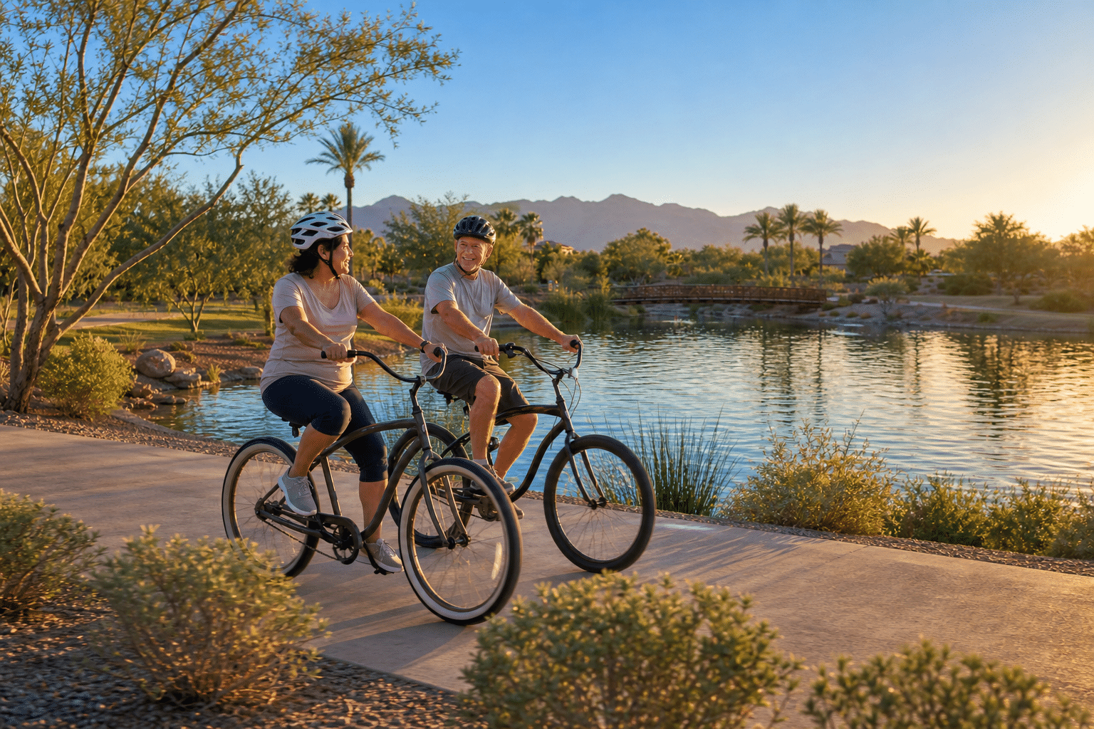 bikes pedaling along a paved trail past a small landscaped lake in the Power Ranch master plan