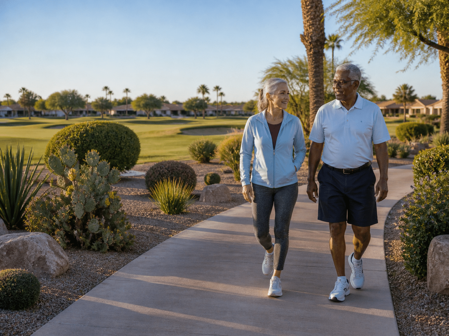 Two residents in their late sixties walking on a paved path along a Sun City West golf course in early morning light with the desert sky soft blue behind them.